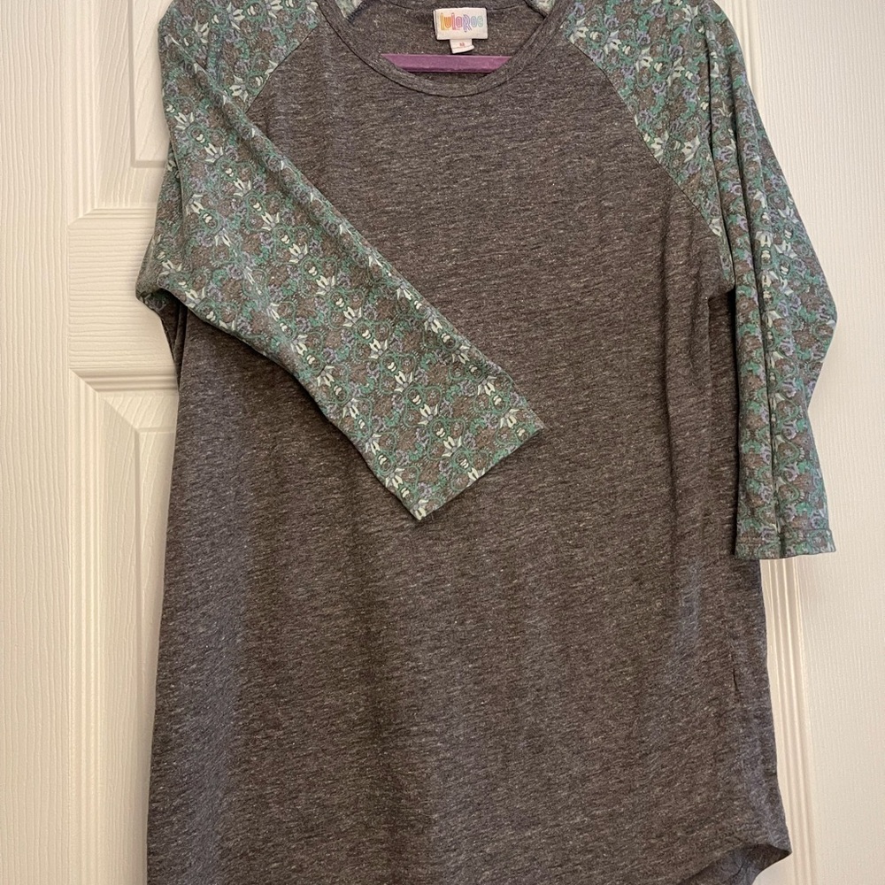 LuLaRoe Heather Gray Top with Floral Sleeves